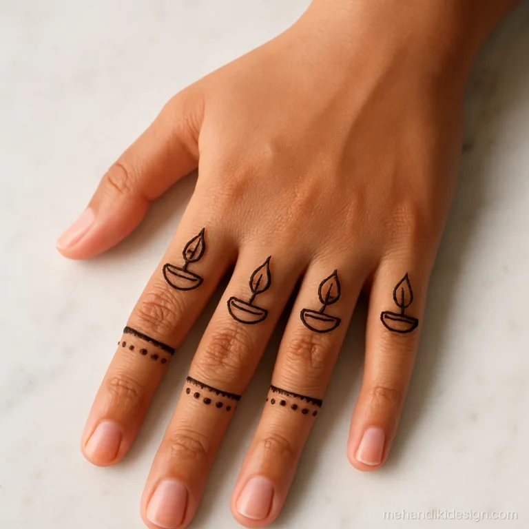 Diwali mehandi with a small diya on each finger and a wrist band