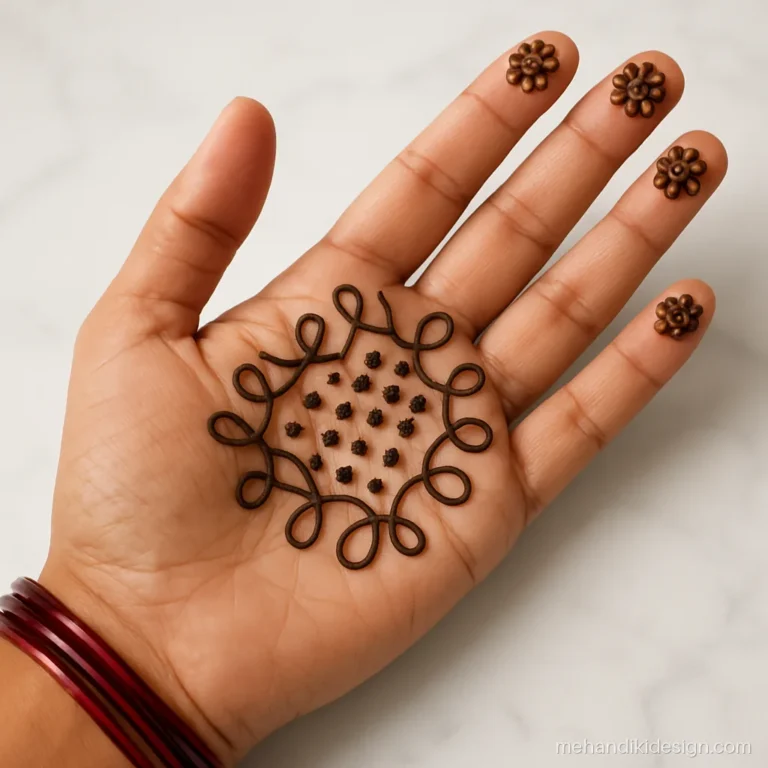 Diwali mehandi design with a dot grid rangoli in the centre of the palm