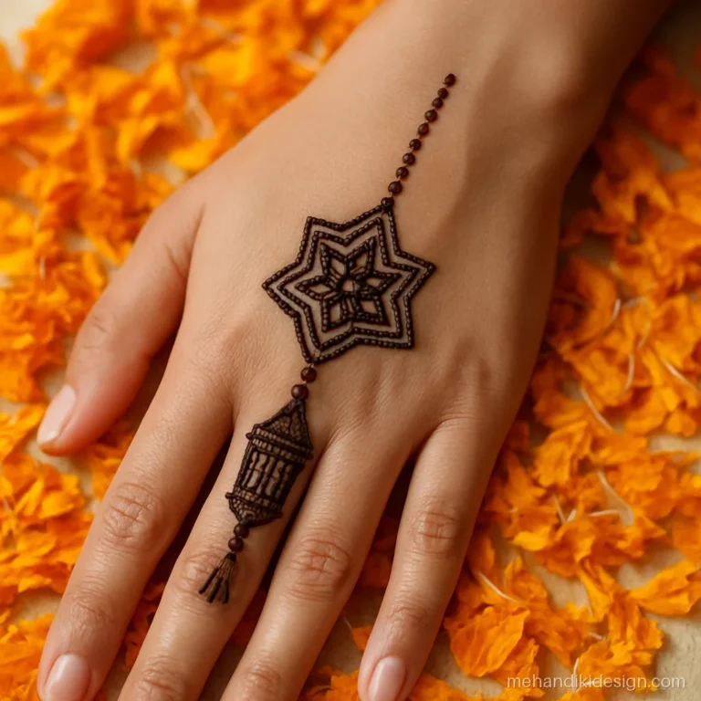 Diwali mehandi with a hanging kandil lantern drawn from the middle finger