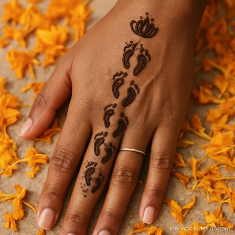 Diwali mehandi with tiny Lakshmi charan footprints walking up the back hand