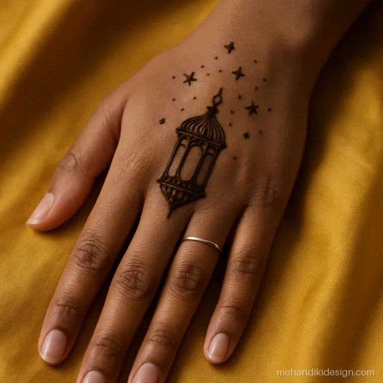 Diwali mehandi with a lantern, stars and sparkles on the back of the hand