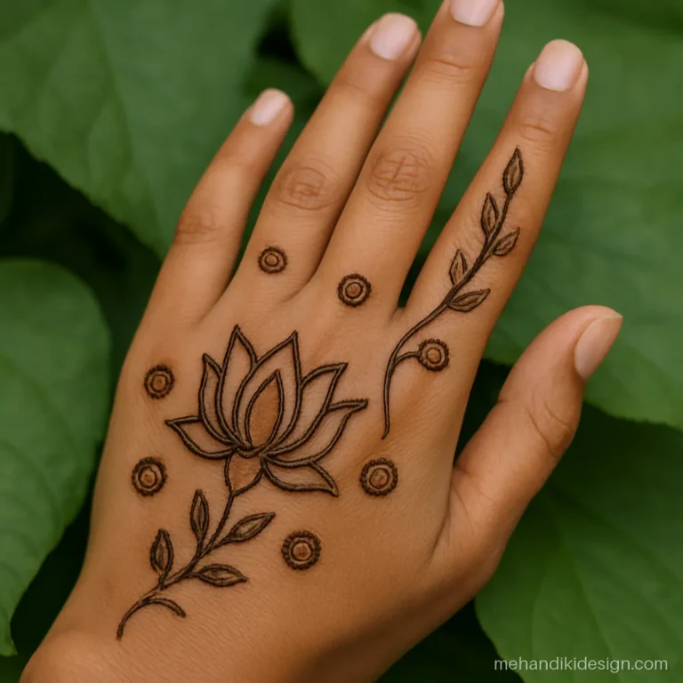 Diwali mehandi with a lotus and a scatter of round coins near the wrist
