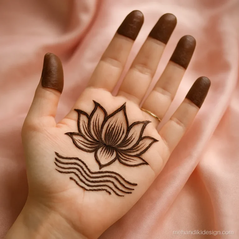 Diwali mehandi with a big lotus filling the palm and shaded petals