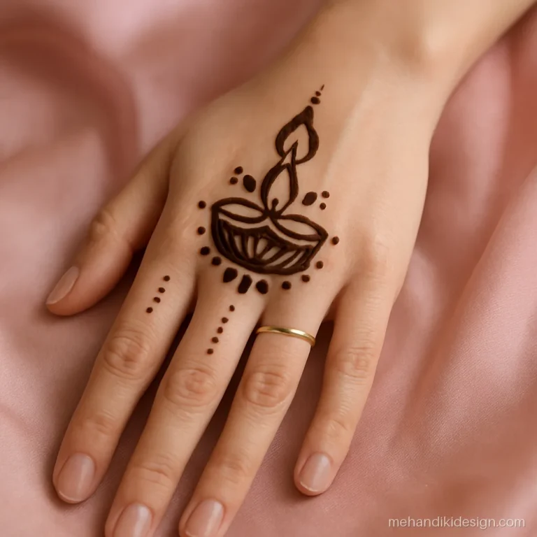 Diwali mehandi image of a diya with a rangoli pattern on the back hand