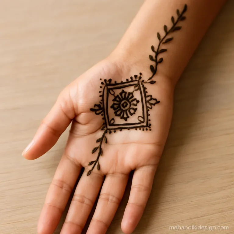 Diwali mehandi with a square rangoli flower and petal corners on the wrist