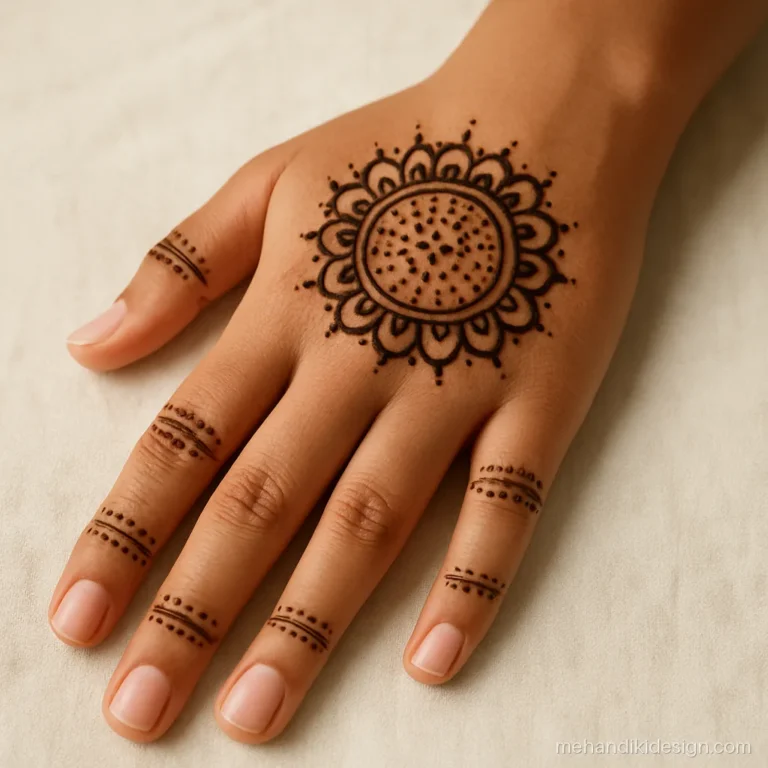 Diwali mehandi with a rangoli style mandala and dot border on back hand