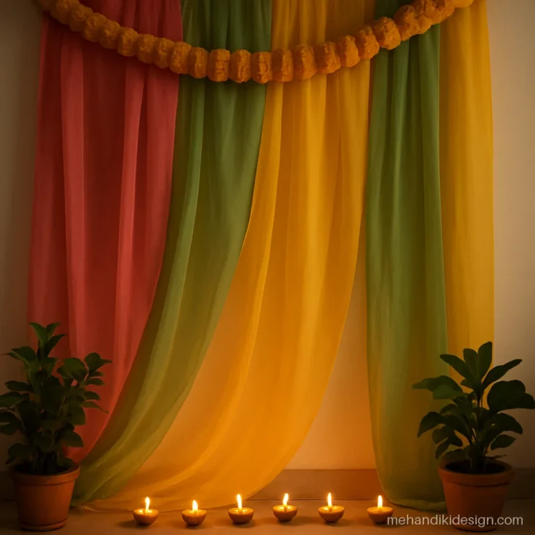 Simple home backdrop made from draped dupattas, marigolds and brass diyas