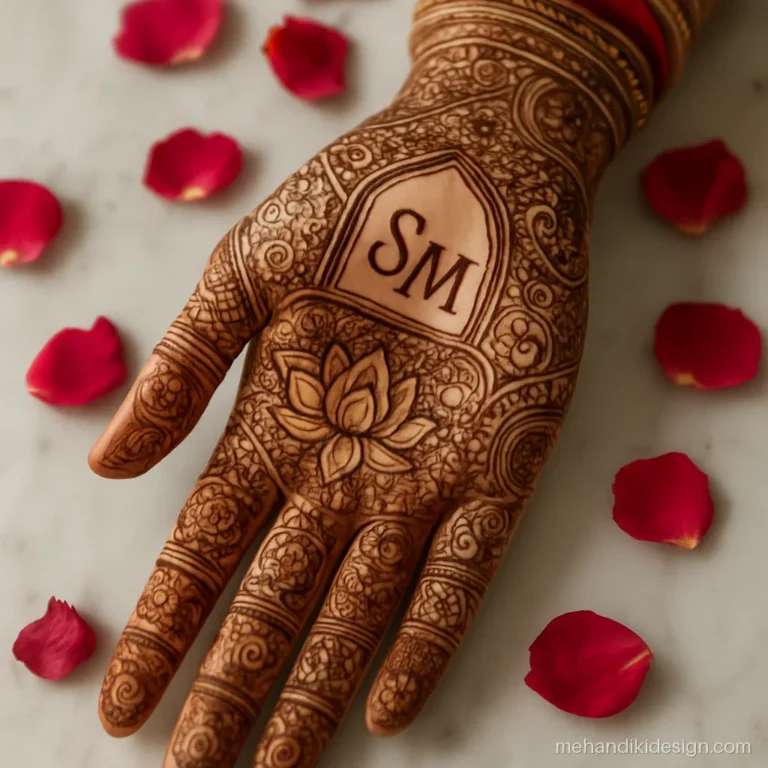 Bridal name mehandi design with initials S and M under a doli arch at the wrist