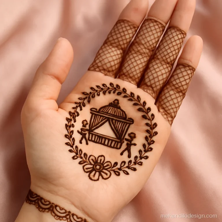 Mehandi design dulhan with a doli palanquin in the centre of the palm