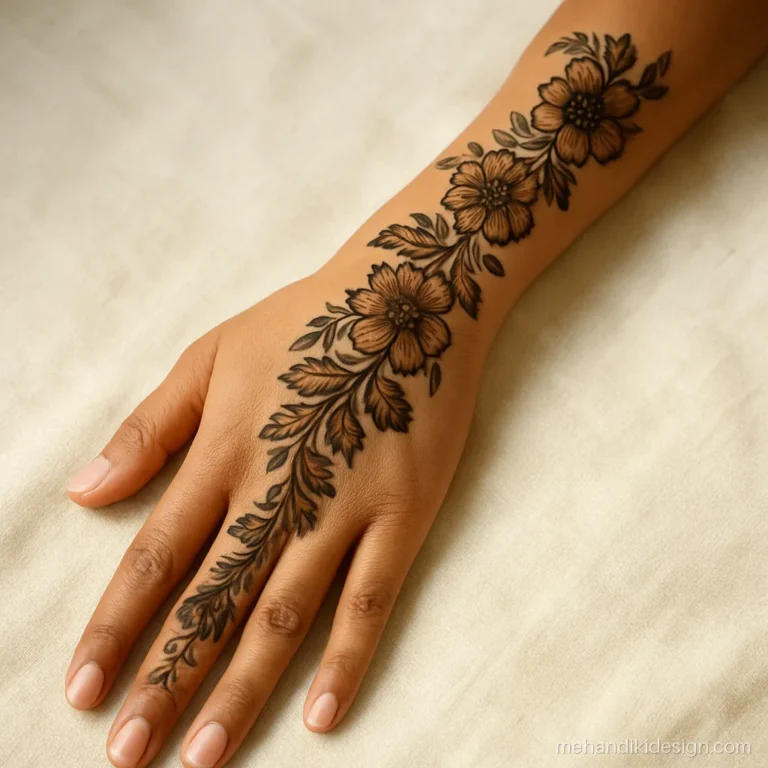 Dubai Arabic mehandi with a long floral trail from fingers to the forearm