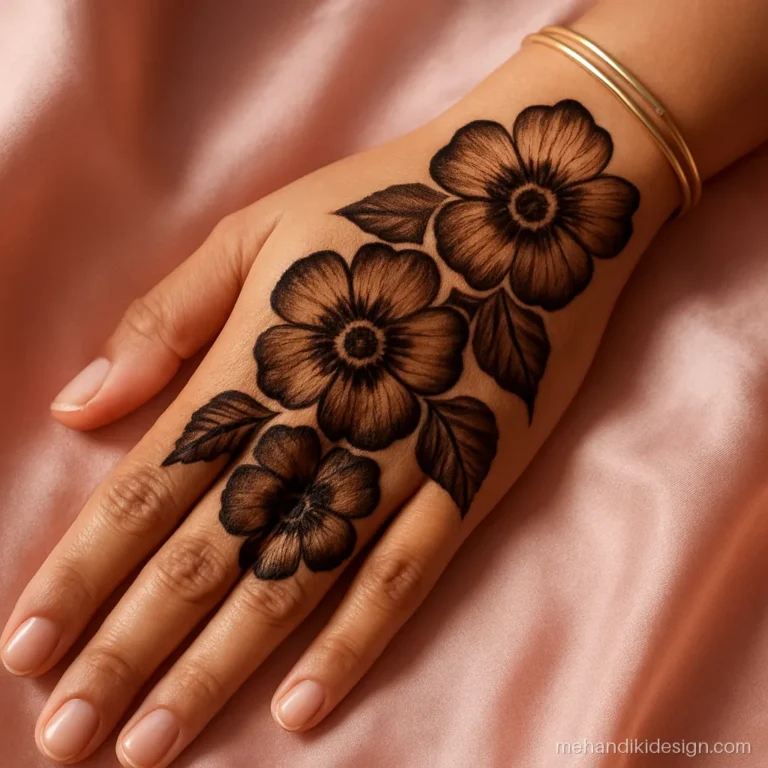 Dubai style arabic mehandi design with big outlined flowers and soft shading