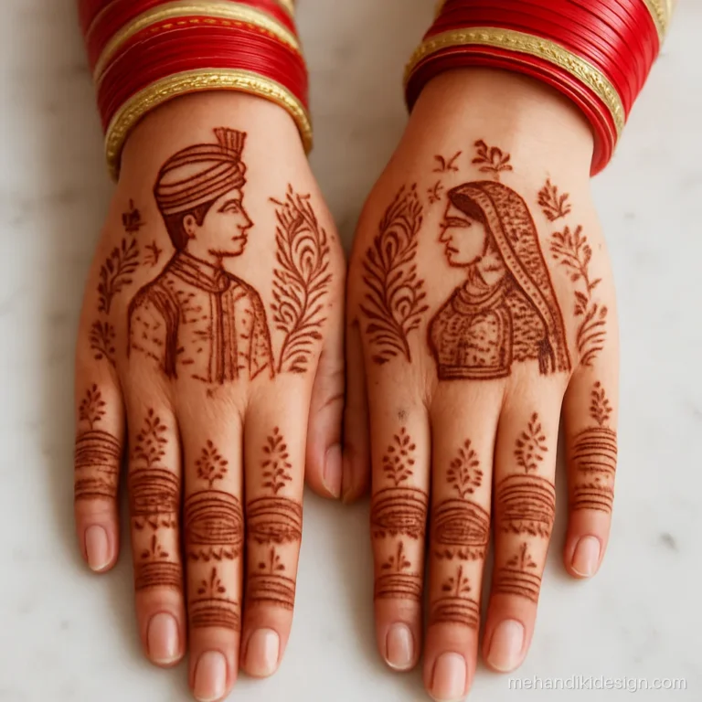 Dulha dulhan mehandi with the couple drawn on matching back hands
