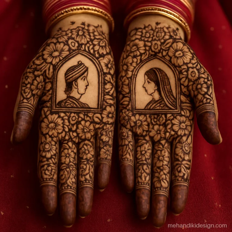 Dulha dulhan portrait mehandi split across two palms with jharokha frames