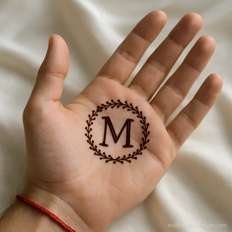 Dulha mehandi design with an initial inside a leafy circle frame