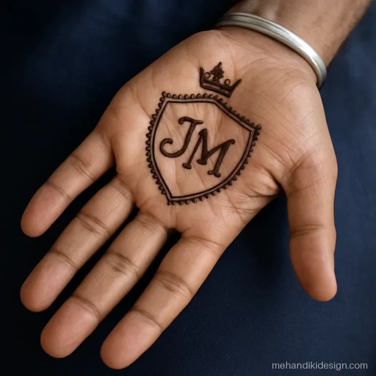 Dulha mehandi design with two initials framed by a dotted shield