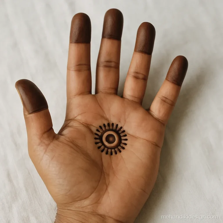 Dulha mehandi with dipped fingertips and a small palm tikki