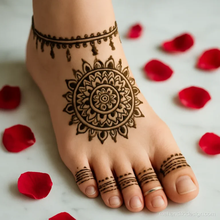 Dulhan feet mehandi design with a mandala and anklet border