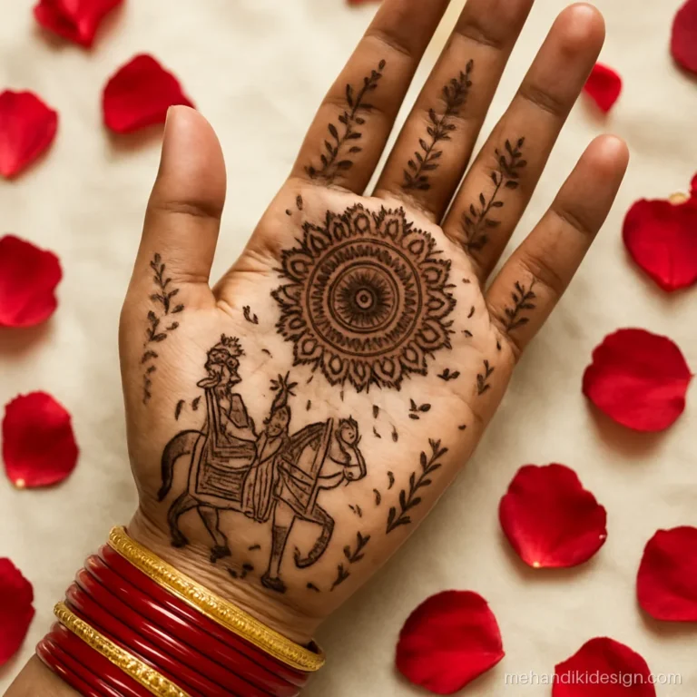 Dulhan ki mehandi with a ghodi and groom motif on the wrist