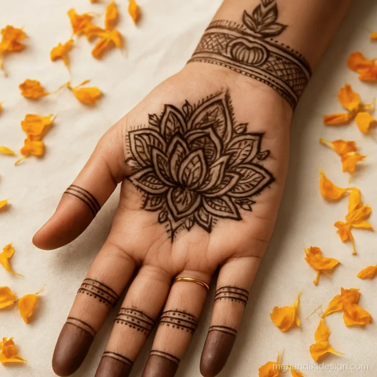 Dulhan ki mehandi with a lotus mandala palm and kalash on the wrist