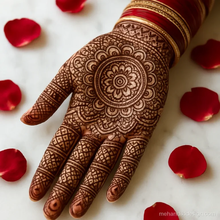 Dulhan mandala mehandi with a seven ring mandala filling the full palm