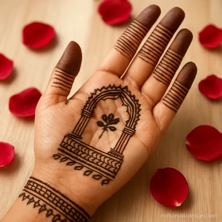 Dulhan mehandi design with a temple arch on the palm and wrist bands