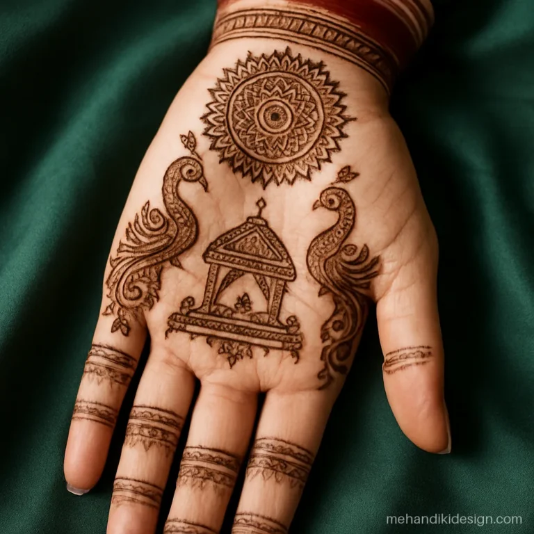 Dulhan mehandi design with a palki framed by two peacocks