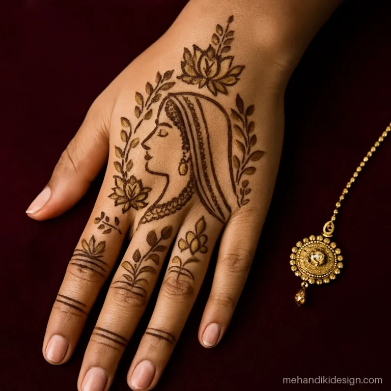 Dulhan mehandi ka design with a shy bride face under a ghoonghat