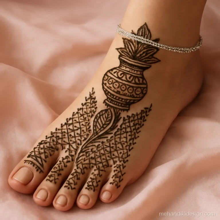 Dulhan pair mehandi with a kalash near the ankle and a bel to the toes