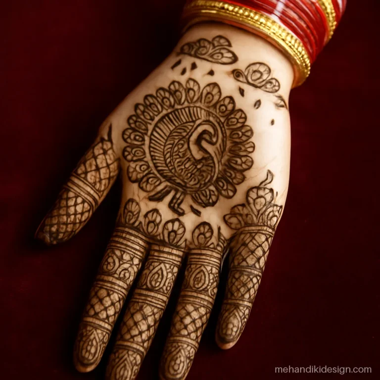 Dulhan peacock mehandi with a dancing mor under rain clouds on the palm