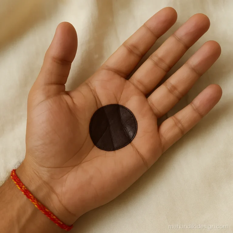 Dulhe ki mehandi with a single round shagun tikki in the centre of the palm
