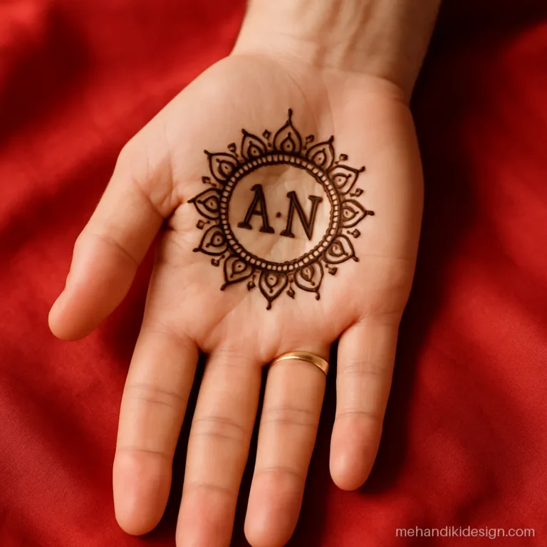 Dulhe ki mehandi with two letters inside a small mandala