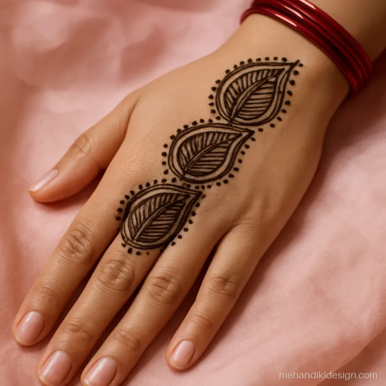 Easy arabic mehandi with three stacked paisleys stepping down the back hand