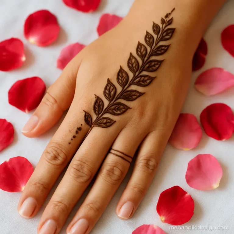 Easy back hand mehandi design with a diagonal leaf bel from finger to wrist