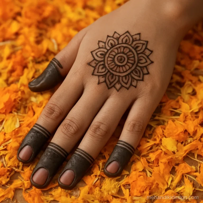 Mehandi designs easy for the back hand with a small mandala and caps