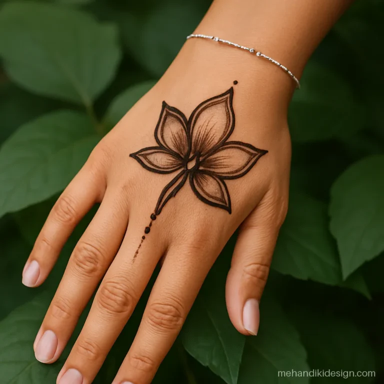 Mehandi design easy with three shaded petals on the back hand