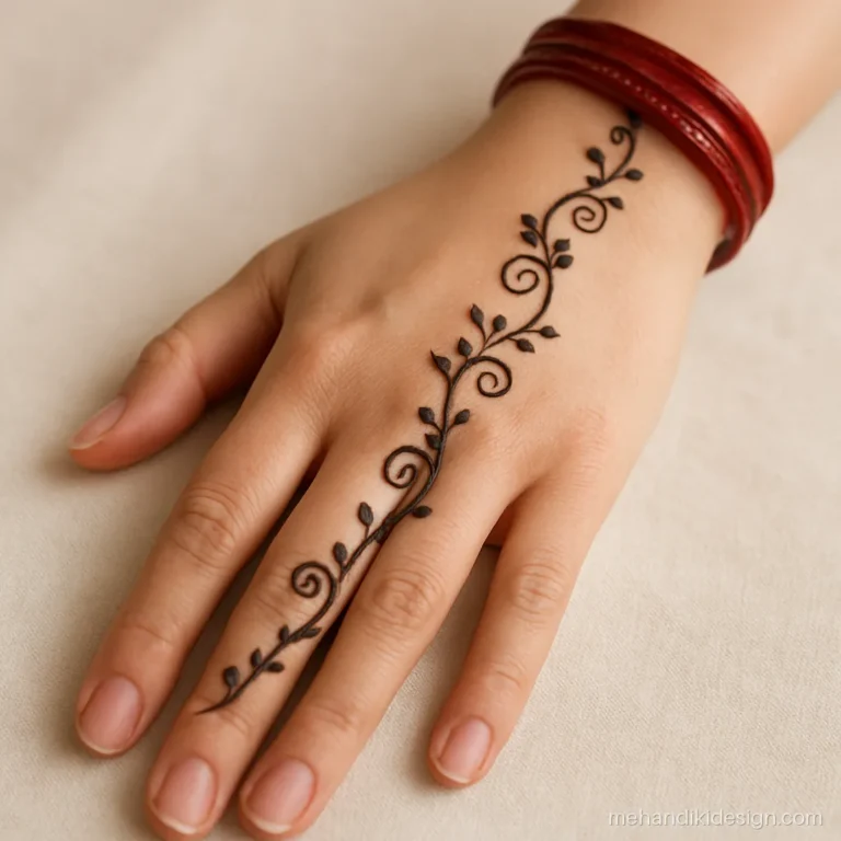 Easy mehandi designs with a swirl vine on the little finger side