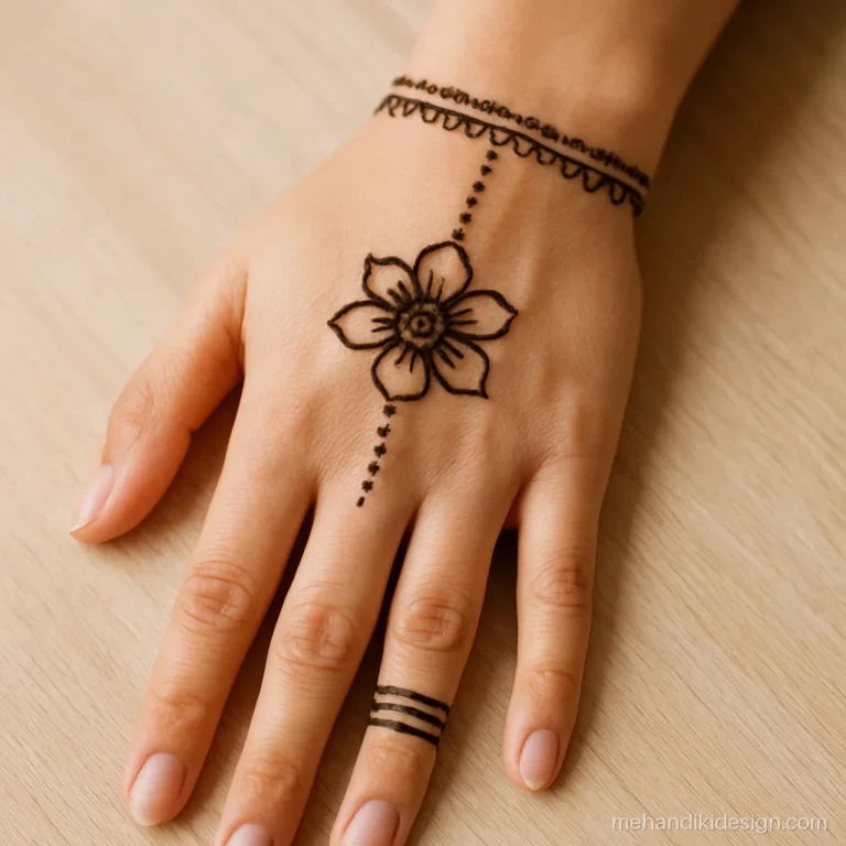 Easy mehandi design for the back hand with a wrist band and centre flower