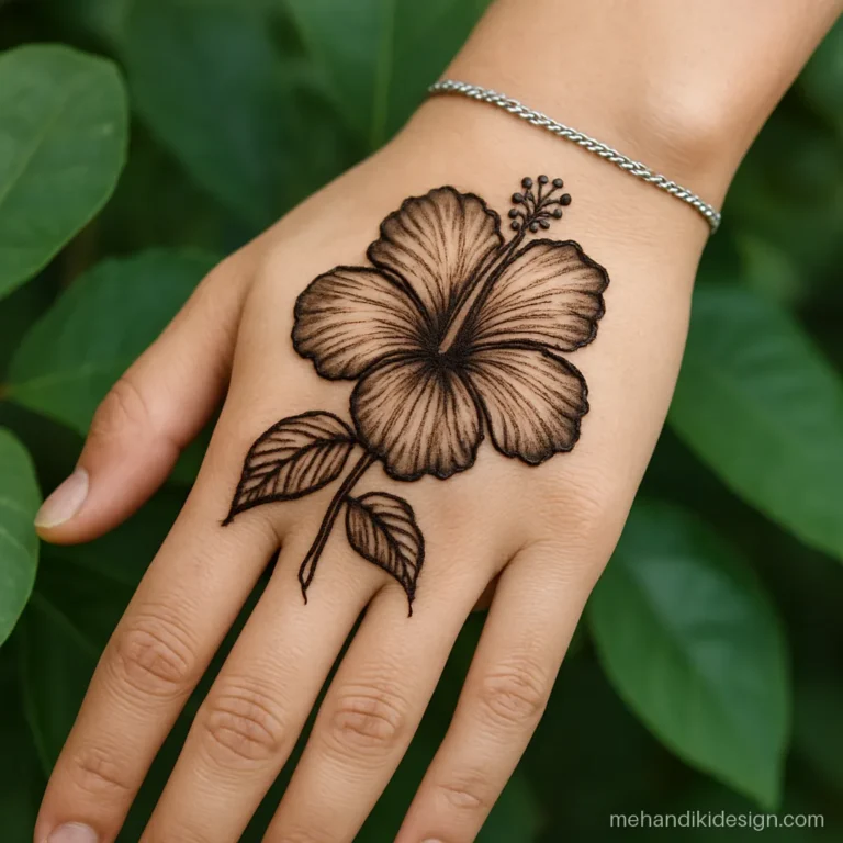 Easy mehandi with a hibiscus flower resting on the wrist