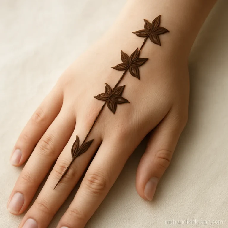 Easy floral mehandi designs with a lily trail down the middle finger
