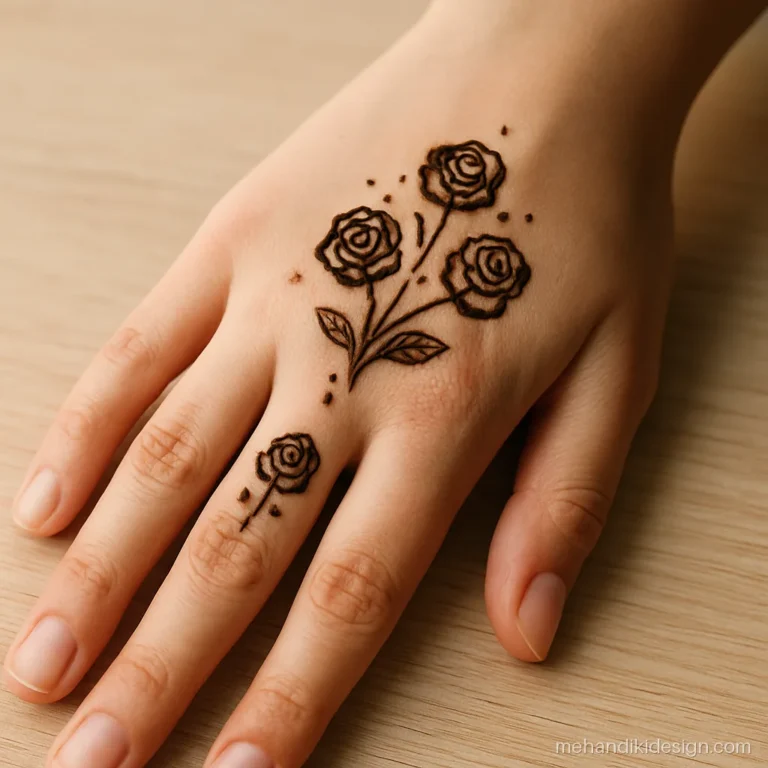 Easy floral mehandi design with small rose buds on the back hand