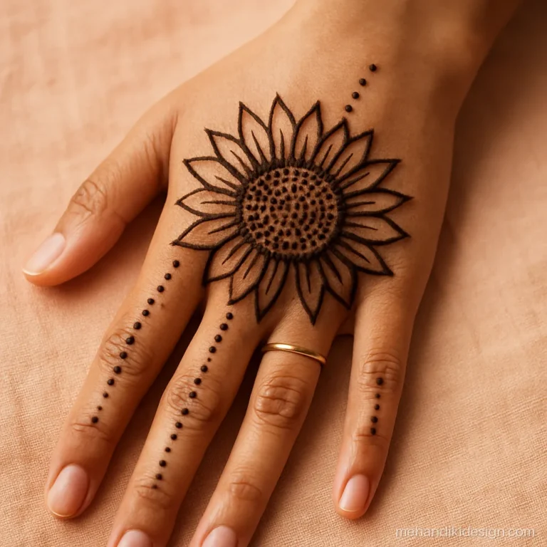 Easy mehandi design with a sunflower on the palm and dotted fingers