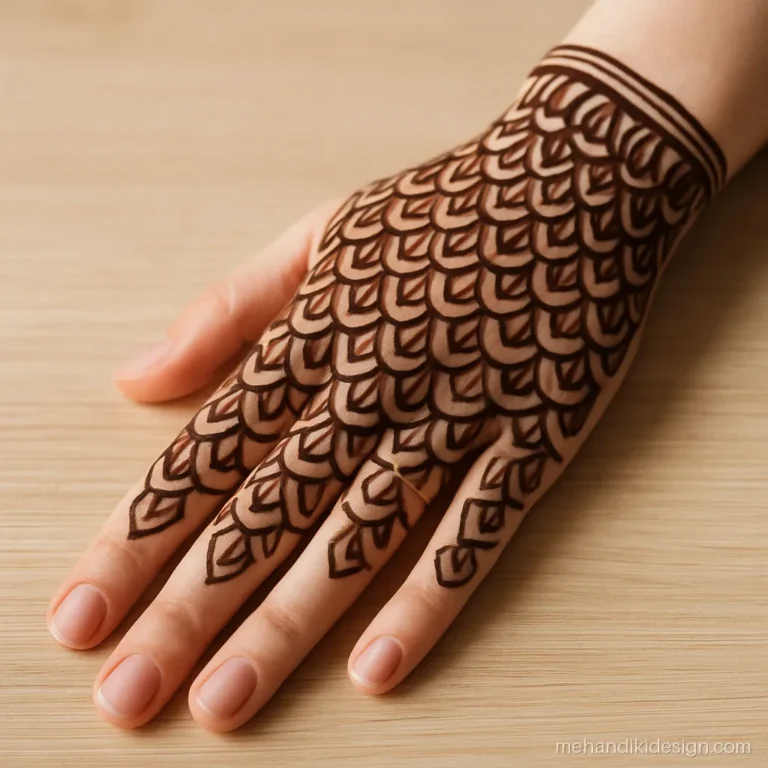 Mehndi designs simple front hand full hand with stacked teardrop petal rows like scales