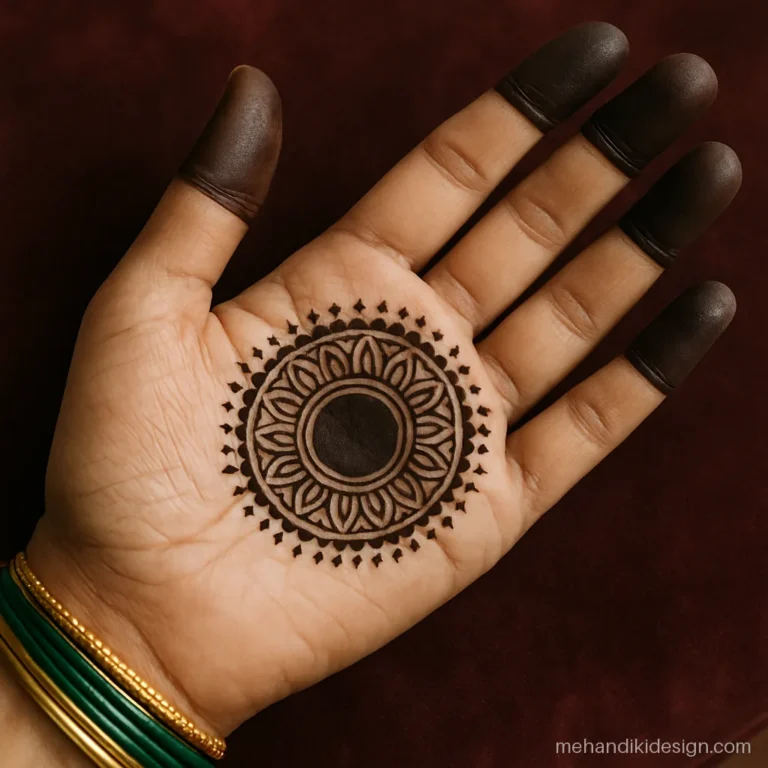 Easy front hand mehandi design with a centre mandala on the palm