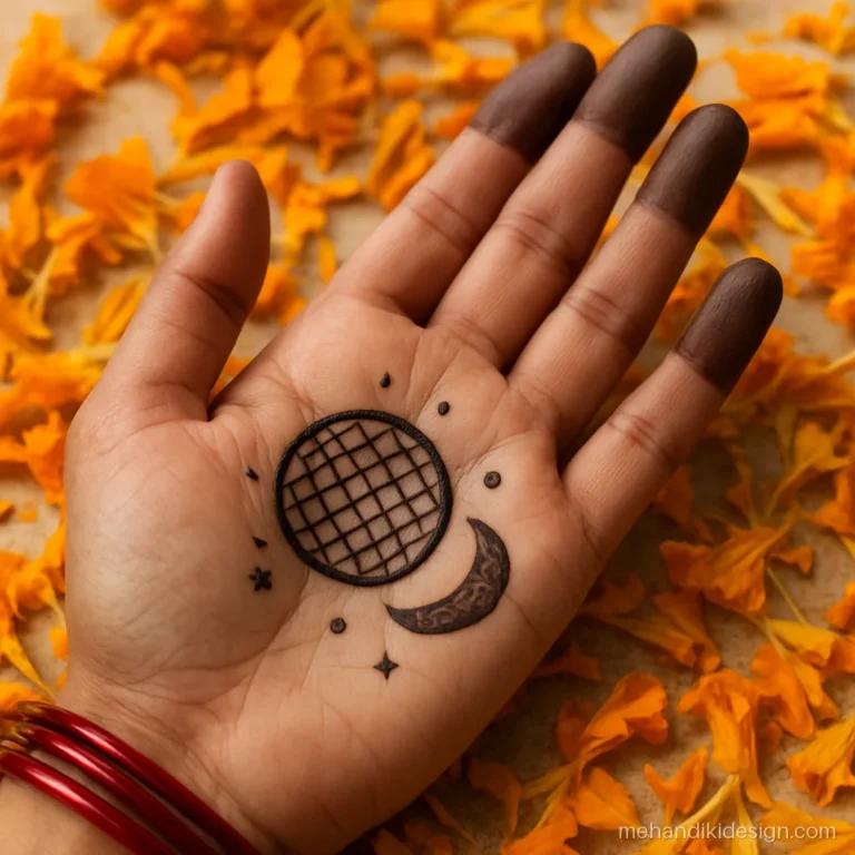 Easy mehandi designs with a small chand and chalni on the palm