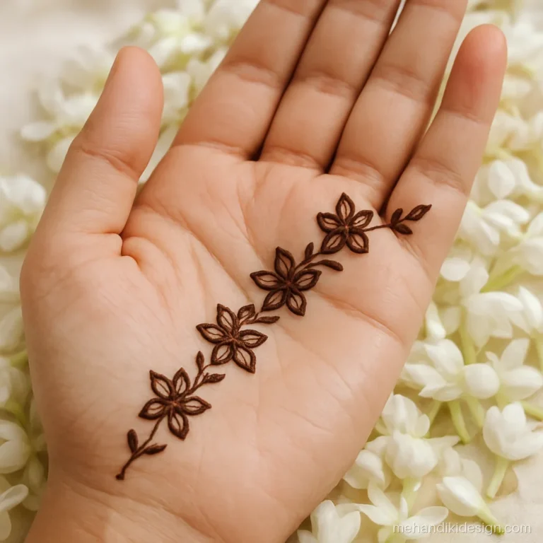 Easy front hand mehandi with a diagonal path of small flowers