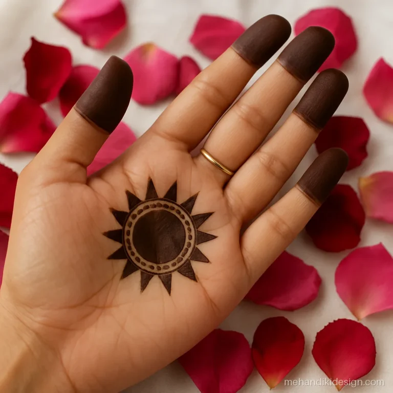 Easy front hand mehandi with a sun motif and rays in the palm
