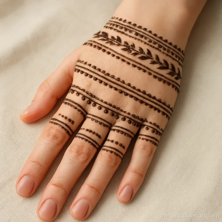 Easy full hand mehandi design with a ladder of thin bands