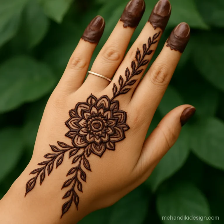 Easy full hand mehandi with one big flower and a long bel