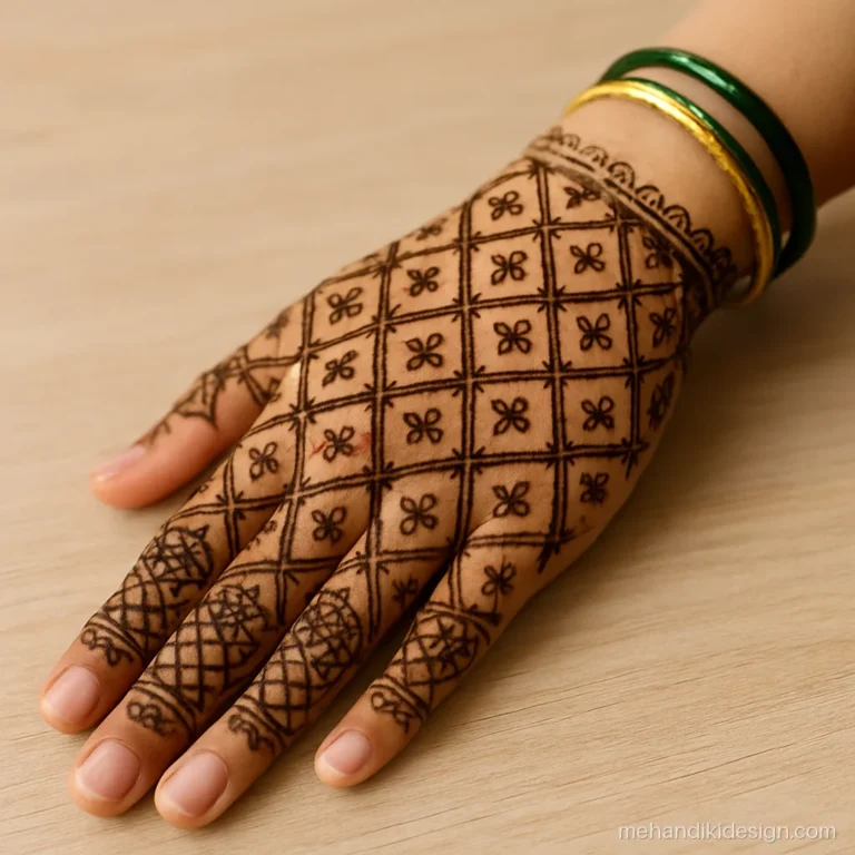 Easy mehandi designs with checks and flowers covering the full back hand