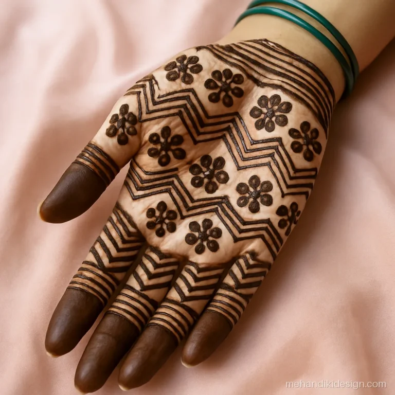 Easy full hand mehandi with chevron bands and petal clusters